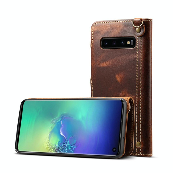 Galaxy S10e Denior Oil Wax Cowhide Magnetic Button Horizontal Flip Leather Case with Card Slots & Wallet(Brown)