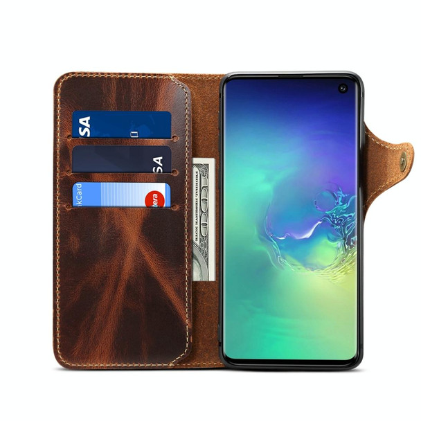 Galaxy S10e Denior Oil Wax Cowhide Magnetic Button Horizontal Flip Leather Case with Card Slots & Wallet(Brown)