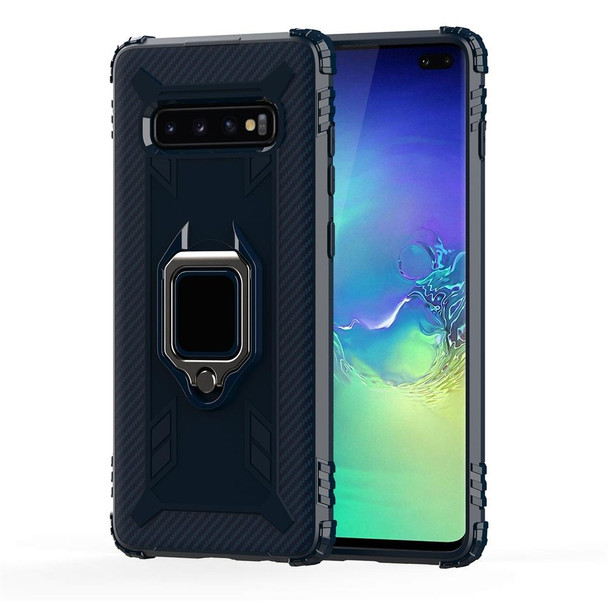 Galaxy S10 Carbon Fiber Protective Case with 360 Degree Rotating Ring Holder(Blue)