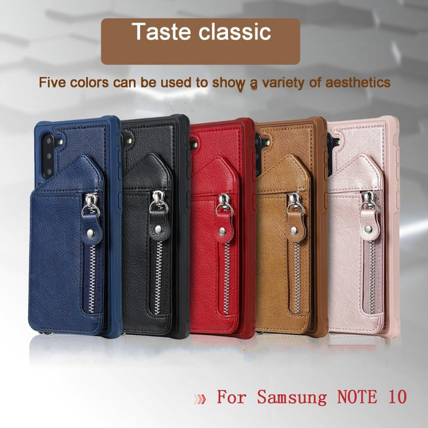 Galaxy Note 10 Dual Buckles Zipper Shockproof Back Cover Protective Case with Holder & Card Slots & Wallet & Lanyard & Photos Frames(Coffee)