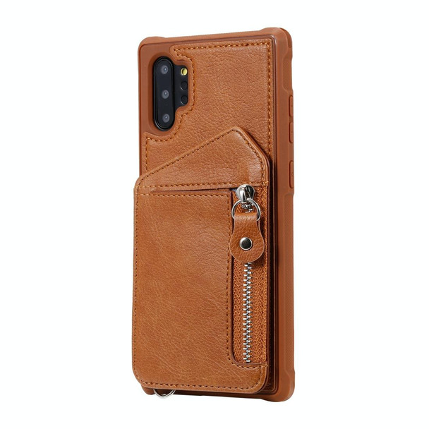 Galaxy Note 10 Plus Dual Buckles Zipper Shockproof Back Cover Protective Case with Holder & Card Slots & Wallet & Lanyard & Photos Frames(Coffee)