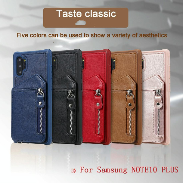 Galaxy Note 10 Plus Dual Buckles Zipper Shockproof Back Cover Protective Case with Holder & Card Slots & Wallet & Lanyard & Photos Frames(Coffee)