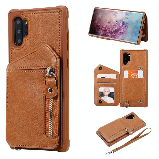 Galaxy Note 10 Plus Dual Buckles Zipper Shockproof Back Cover Protective Case with Holder & Card Slots & Wallet & Lanyard & Photos Frames(Coffee)