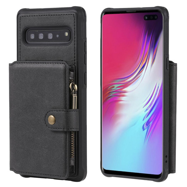 Galaxy S10 5G Buckle Zipper Shockproof Protective Case with Holder & Card Slots & Wallet & Lanyard & Photos Frames(Black)