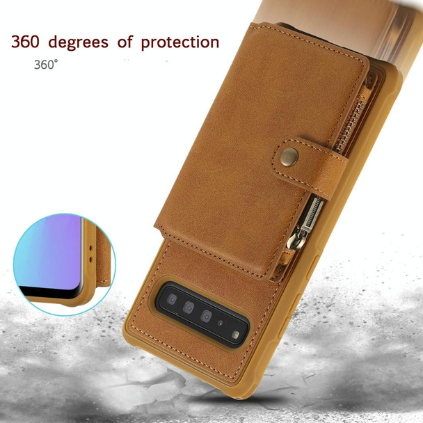 Galaxy S10 5G Buckle Zipper Shockproof Protective Case with Holder & Card Slots & Wallet & Lanyard & Photos Frames(Coffee)