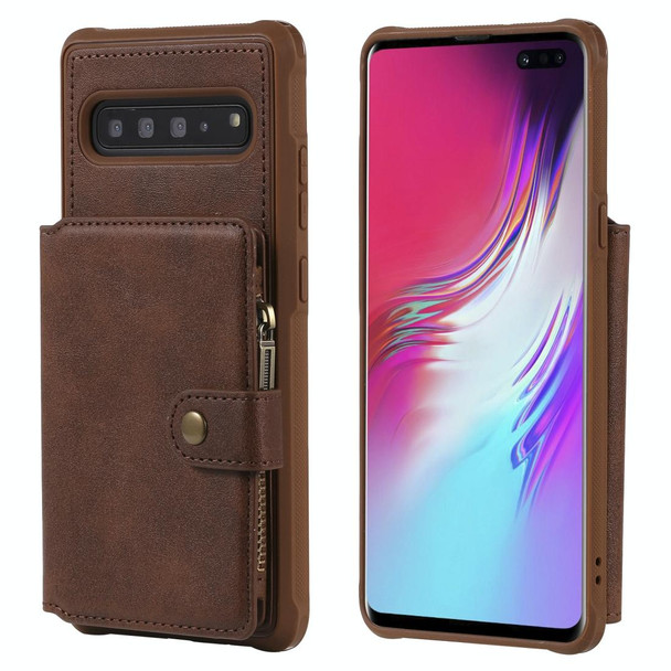 Galaxy S10 5G Buckle Zipper Shockproof Protective Case with Holder & Card Slots & Wallet & Lanyard & Photos Frames(Coffee)