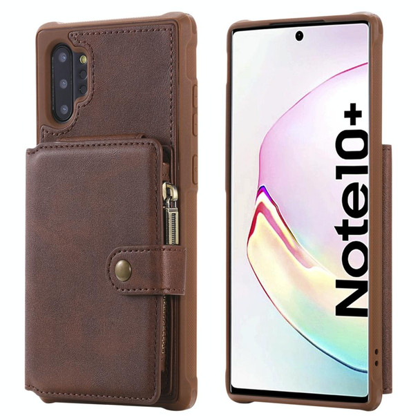 Galaxy Note 10 Plus Buckle Zipper Shockproof Protective Case with Holder & Card Slots & Wallet & Lanyard & Photos Frames(Coffee)