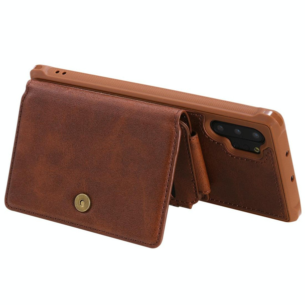 Galaxy Note 10 Plus Buckle Zipper Shockproof Protective Case with Holder & Card Slots & Wallet & Lanyard & Photos Frames(Coffee)