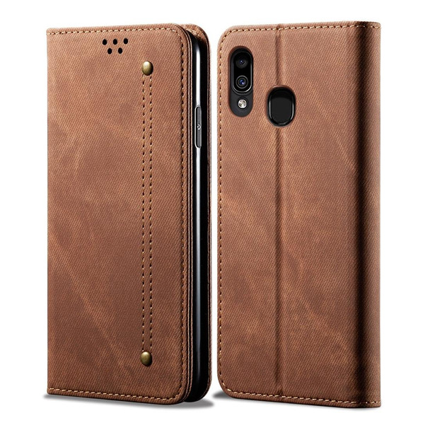 Galaxy A20 / A30 Denim Texture Casual Style Horizontal Flip Leather Case with Holder & Card Slots & Wallet(Brown)