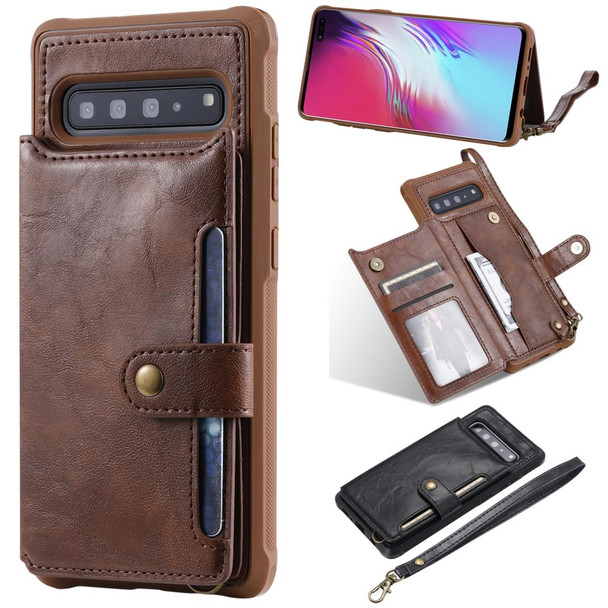 Galaxy S10 5G Buckle Zipper Shockproof Protective Case with Holder & Card Slots & Wallet & Lanyard & Photos Frame(Coffee)