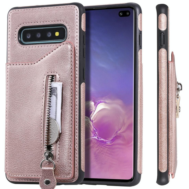 Galaxy S10 Plus Solid Color Double Buckle Zipper Shockproof Protective Case(Rose Gold)