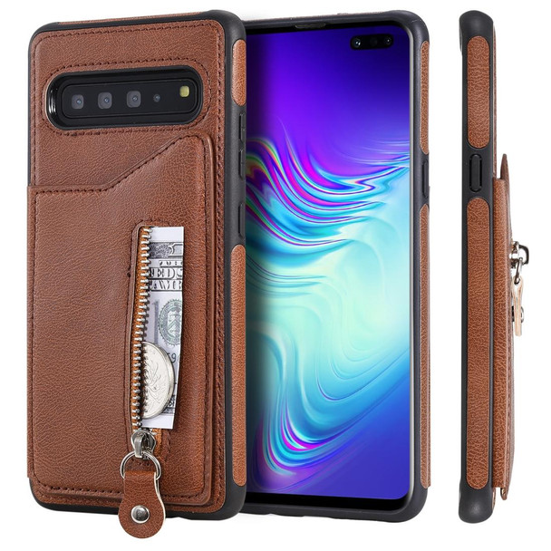 Galaxy S10 5G Solid Color Double Buckle Zipper Shockproof Protective Case(Brown)