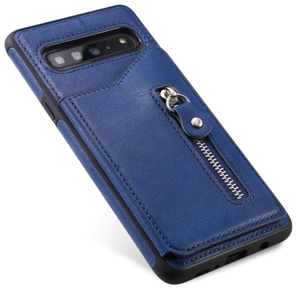 Galaxy S10 5G Solid Color Double Buckle Zipper Shockproof Protective Case(Blue)