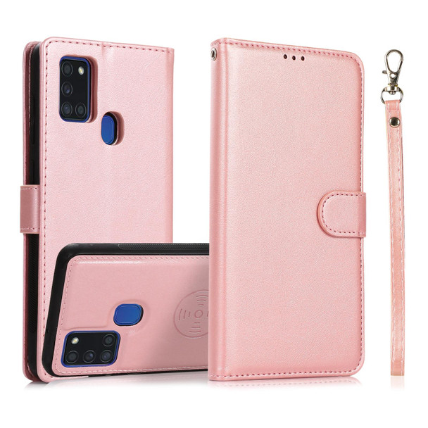 Samsung Galaxy A21s Calf Texture 2 in 1 Detachable Magnetic Back Cover Horizontal Flip Leather Case with Holder & Card Slots & Wallet & Photo Frame(Rose Gold)