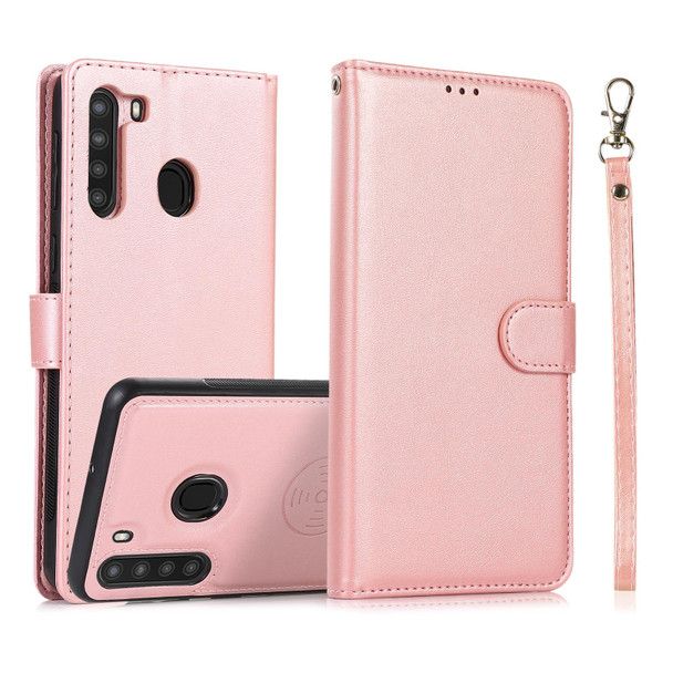 Samsung Galaxy A21 Calf Texture 2 in 1 Detachable Magnetic Back Cover Horizontal Flip Leather Case with Holder & Card Slots & Wallet & Photo Frame(Rose Gold)