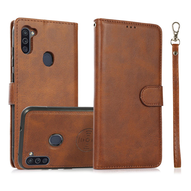 Samsung Galaxy A11 / M11 Calf Texture 2 in 1 Detachable Magnetic Back Cover Horizontal Flip Leather Case with Holder & Card Slots & Wallet & Photo Frame(Brown)