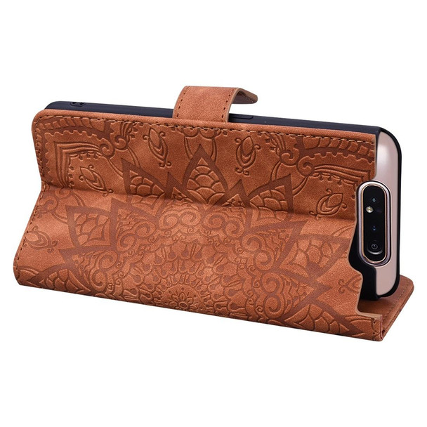 Galaxy A80 / A90 Calf Pattern Diamond Mandala Double Folding Design Embossed Leather Case with Wallet & Holder & Card Slots(Brown)