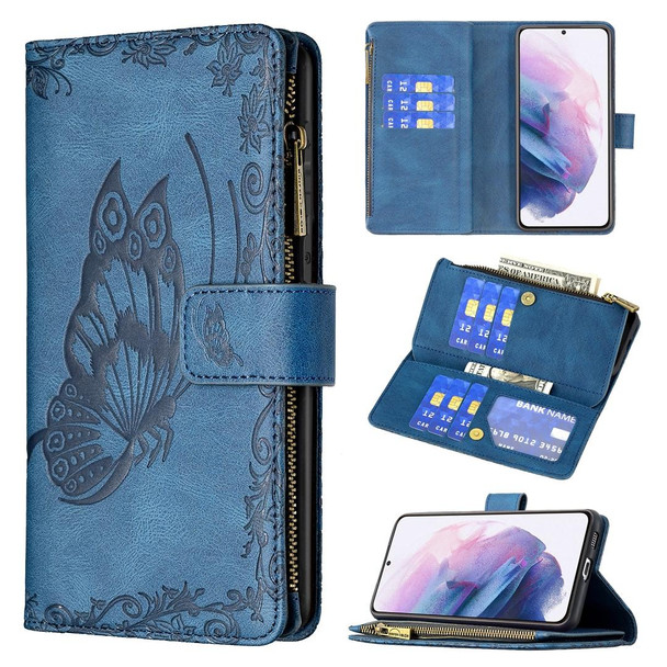 Samsung Galaxy S21+ 5G Flying Butterfly Embossing Pattern Zipper Horizontal Flip Leather Case with Holder & Card Slots & Wallet(Blue)