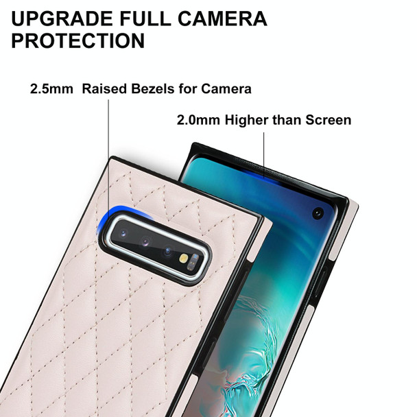 Samsung Galaxy S10e Elegant Rhombic Pattern Microfiber Leather +TPU Shockproof Case with Crossbody Strap Chain(Pink)