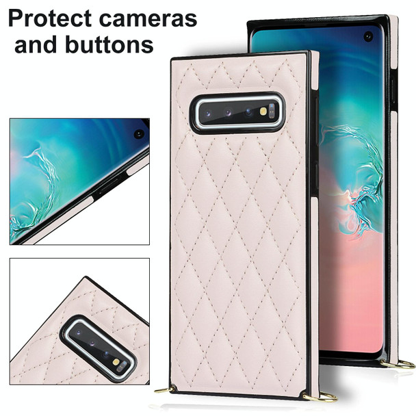 Samsung Galaxy S10e Elegant Rhombic Pattern Microfiber Leather +TPU Shockproof Case with Crossbody Strap Chain(Pink)