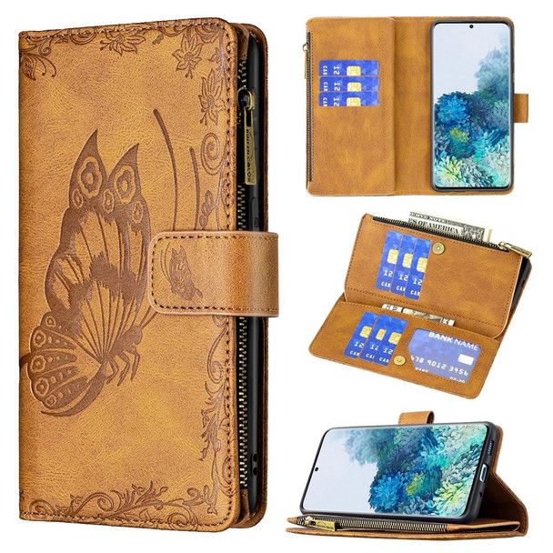 Samsung Galaxy S20 Plus Flying Butterfly Embossing Pattern Zipper Horizontal Flip Leather Case with Holder & Card Slots & Wallet(Brown)