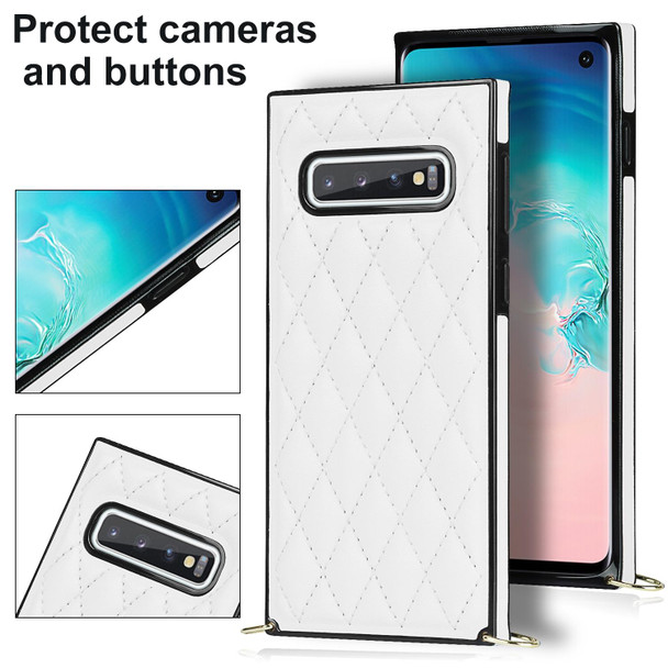 Samsung Galaxy S10e Elegant Rhombic Pattern Microfiber Leather +TPU Shockproof Case with Crossbody Strap Chain(White)