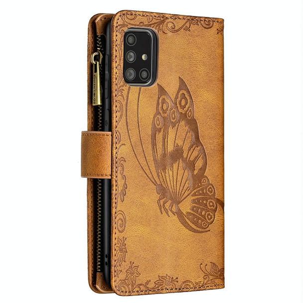 Samsung Galaxy A71 4G Flying Butterfly Embossing Pattern Zipper Horizontal Flip Leather Case with Holder & Card Slots & Wallet(Brown)