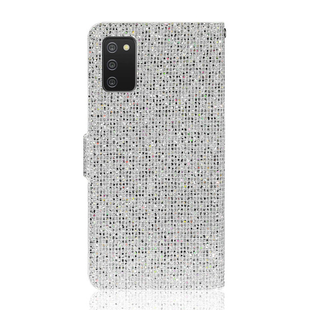 Samsung Galaxy A02s(US Version) Glitter Powder Horizontal Flip Leather Case with Card Slots & Holder & Lanyard(Silver)