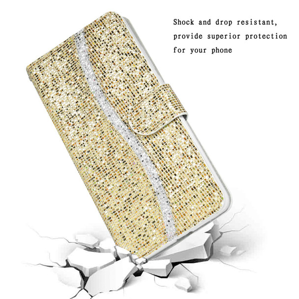 Samsung Galaxy A02s(EU Version) Glitter Powder Horizontal Flip Leather Case with Card Slots & Holder & Lanyard(Gold)