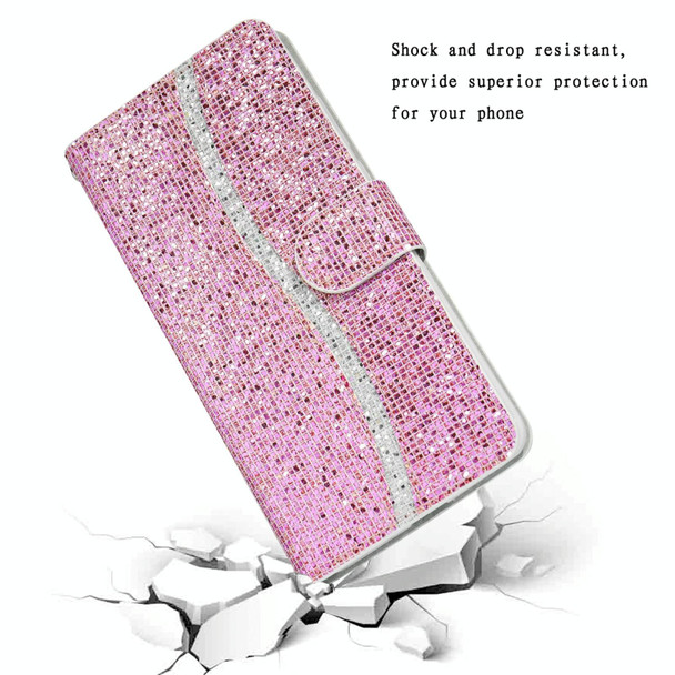 Samsung Galaxy A02s(EU Version) Glitter Powder Horizontal Flip Leather Case with Card Slots & Holder & Lanyard(Pink)