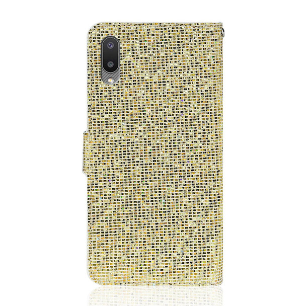 Samsung Galaxy A02 / M02 Glitter Powder Horizontal Flip Leather Case with Card Slots & Holder & Lanyard(Gold)