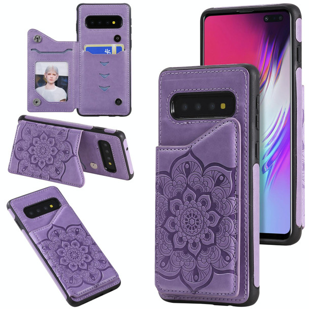 Samsung Galaxy S10 5G Flower Embossing Pattern Shockproof Protective Case with Holder & Card Slots & Photo Frame(Purple)