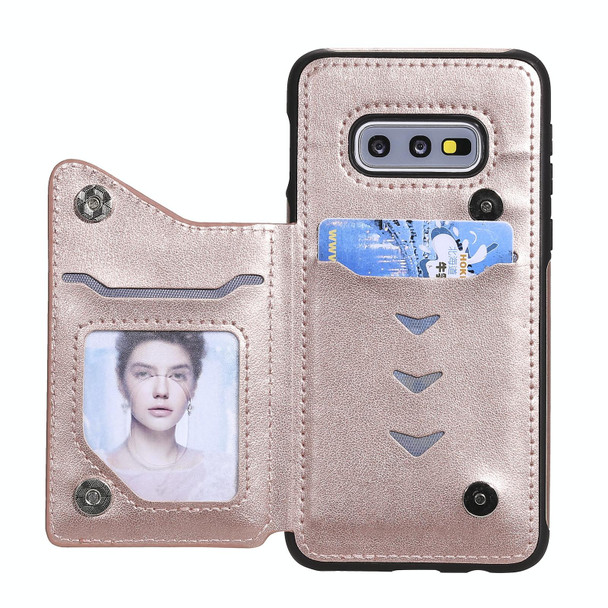 Samsung Galaxy S10e Flower Embossing Pattern Shockproof Protective Case with Holder & Card Slots & Photo Frame(Rose Gold)