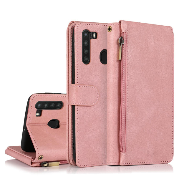 Samsung Galaxy A21 Skin-feel Crazy Horse Texture Zipper Wallet Bag Horizontal Flip Leather Case with Holder & Card Slots & Wallet & Lanyard(Rose Gold)