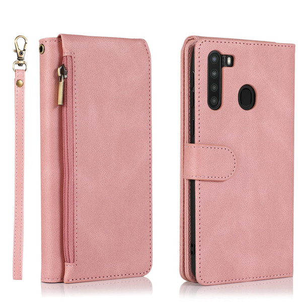 Samsung Galaxy A21 Skin-feel Crazy Horse Texture Zipper Wallet Bag Horizontal Flip Leather Case with Holder & Card Slots & Wallet & Lanyard(Rose Gold)