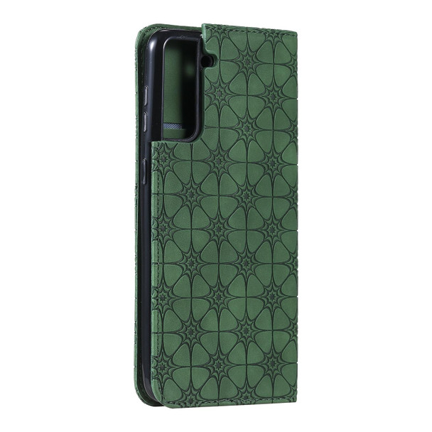 Samsung Galaxy S21+ 5G Lucky Flowers Embossing Pattern Magnetic Horizontal Flip Leather Case with Holder & Card Slots(Dark Green)