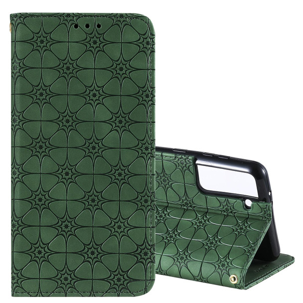 Samsung Galaxy S21+ 5G Lucky Flowers Embossing Pattern Magnetic Horizontal Flip Leather Case with Holder & Card Slots(Dark Green)