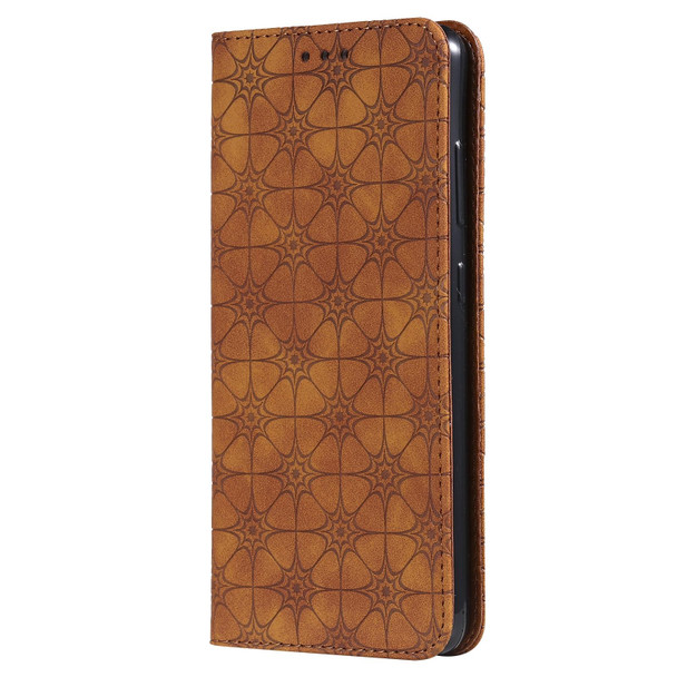 Samsung Galaxy A52 5G / 4G Lucky Flowers Embossing Pattern Magnetic Horizontal Flip Leather Case with Holder & Card Slots(Yellow Brown)
