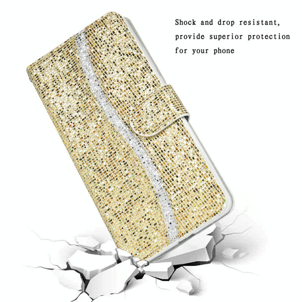 Samsung Galaxy S21 Ultra 5G Glitter Powder Horizontal Flip Leather Case with Card Slots & Holder & Lanyard(Gold)