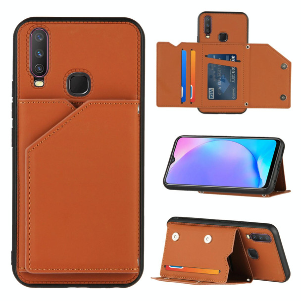 vivo Y17 & Y15 & Y12 Skin Feel PU + TPU + PC Back Cover Shockproof Case with Card Slots & Holder & Photo Frame(Brown)