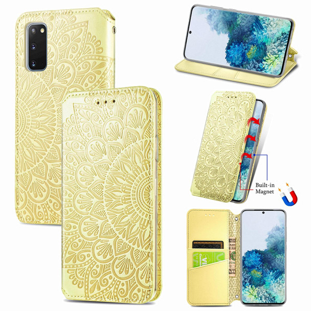 Samsung Galaxy S20 Blooming Mandala Embossed Pattern Magnetic Horizontal Flip Leather Case with Holder & Card Slots & Wallet(Yellow)