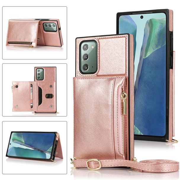 Samsung Galaxy Note20 Square Zipper Wallet Bag TPU+PU Back Cover Case with Holder & Card Slots & Wallet & Cross-body Strap(Rose Glod)