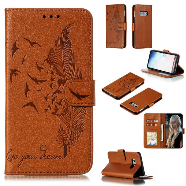 Feather Pattern Litchi Texture Horizontal Flip Leatherette Case with Wallet & Holder & Card Slots - Galaxy S10e(Brown)