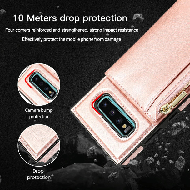 Samsung Galaxy S10 Plus Square Zipper Wallet Bag TPU+PU Back Cover Case with Holder & Card Slots & Wallet & Cross-body Strap(Rose Glod)