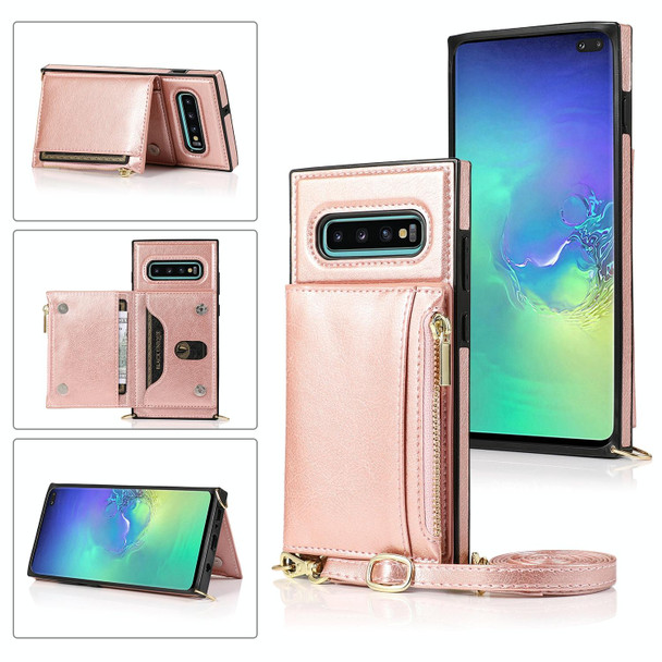 Samsung Galaxy S10 Plus Square Zipper Wallet Bag TPU+PU Back Cover Case with Holder & Card Slots & Wallet & Cross-body Strap(Rose Glod)