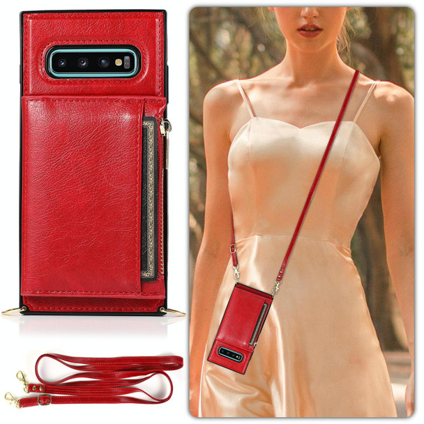 Samsung Galaxy S10e Square Zipper Wallet Bag TPU+PU Back Cover Case with Holder & Card Slots & Wallet & Cross-body Strap(Red)