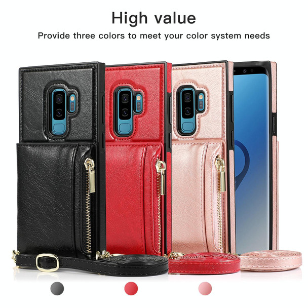 Samsung Galaxy S9 Plus Square Zipper Wallet Bag TPU+PU Back Cover Case with Holder & Card Slots & Wallet & Cross-body Strap(Rose Glod)