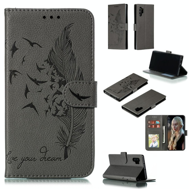 Feather Pattern Litchi Texture Horizontal Flip Leatherette Case with Wallet & Holder & Card Slots - Galaxy Note 10 +(Gray)