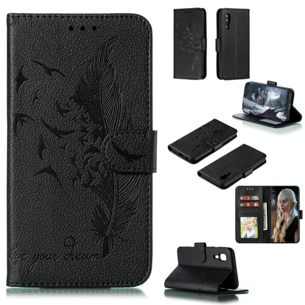 Feather Pattern Litchi Texture Horizontal Flip Leatherette Case with Wallet & Holder & Card Slots - Galaxy A2 Core(Black)