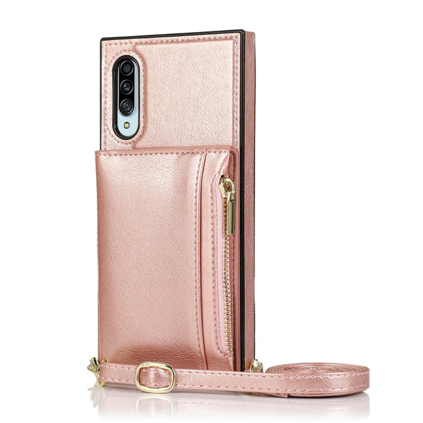 Samsung Galaxy A90 5G Square Zipper Wallet Bag TPU+PU Back Cover Case with Holder & Card Slots & Wallet & Cross-body Strap(Rose Glod)